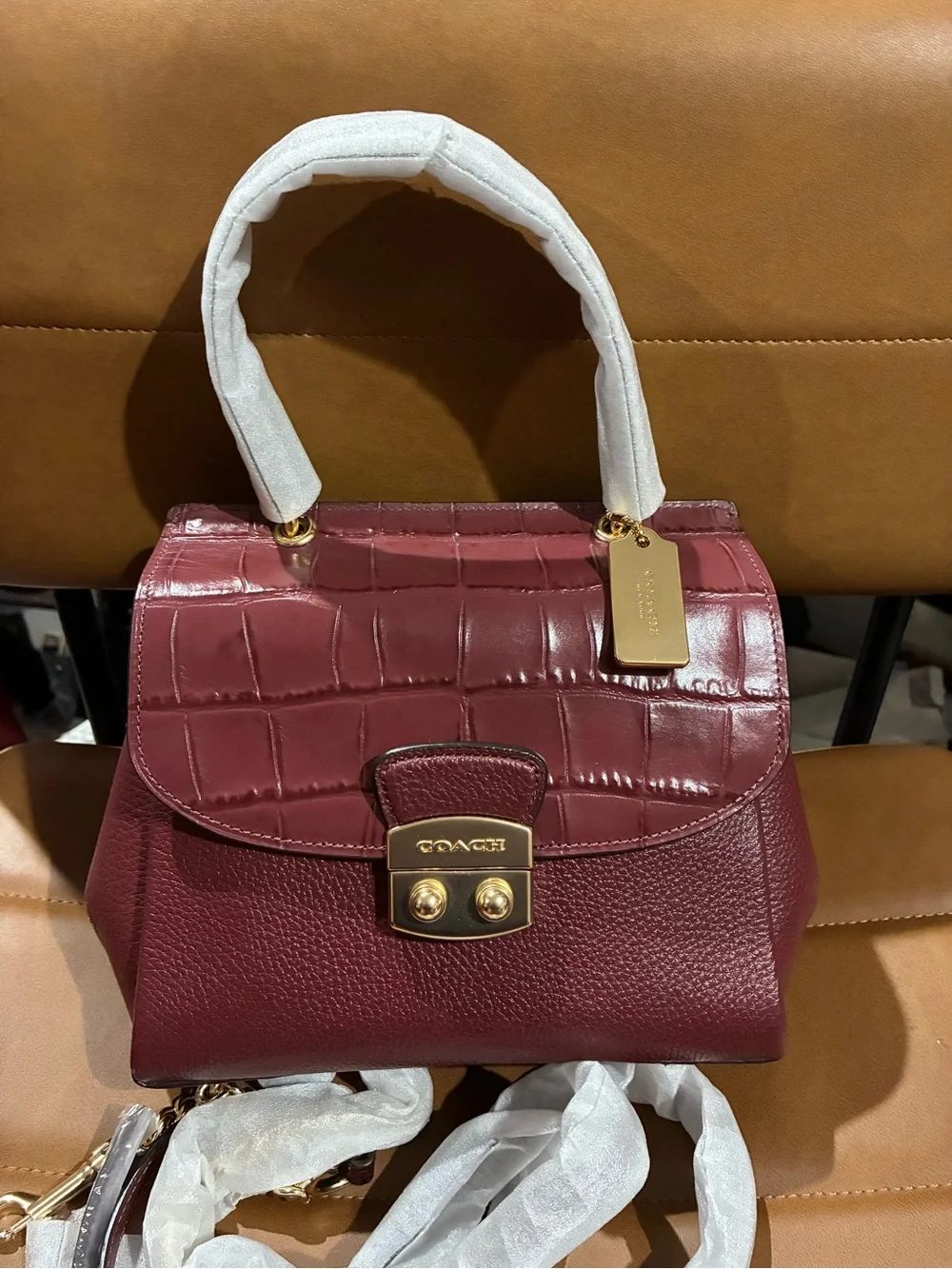 Coach Burgundy Leather Top-Handle Satchel in Croc,Pebble,Exotics Leather